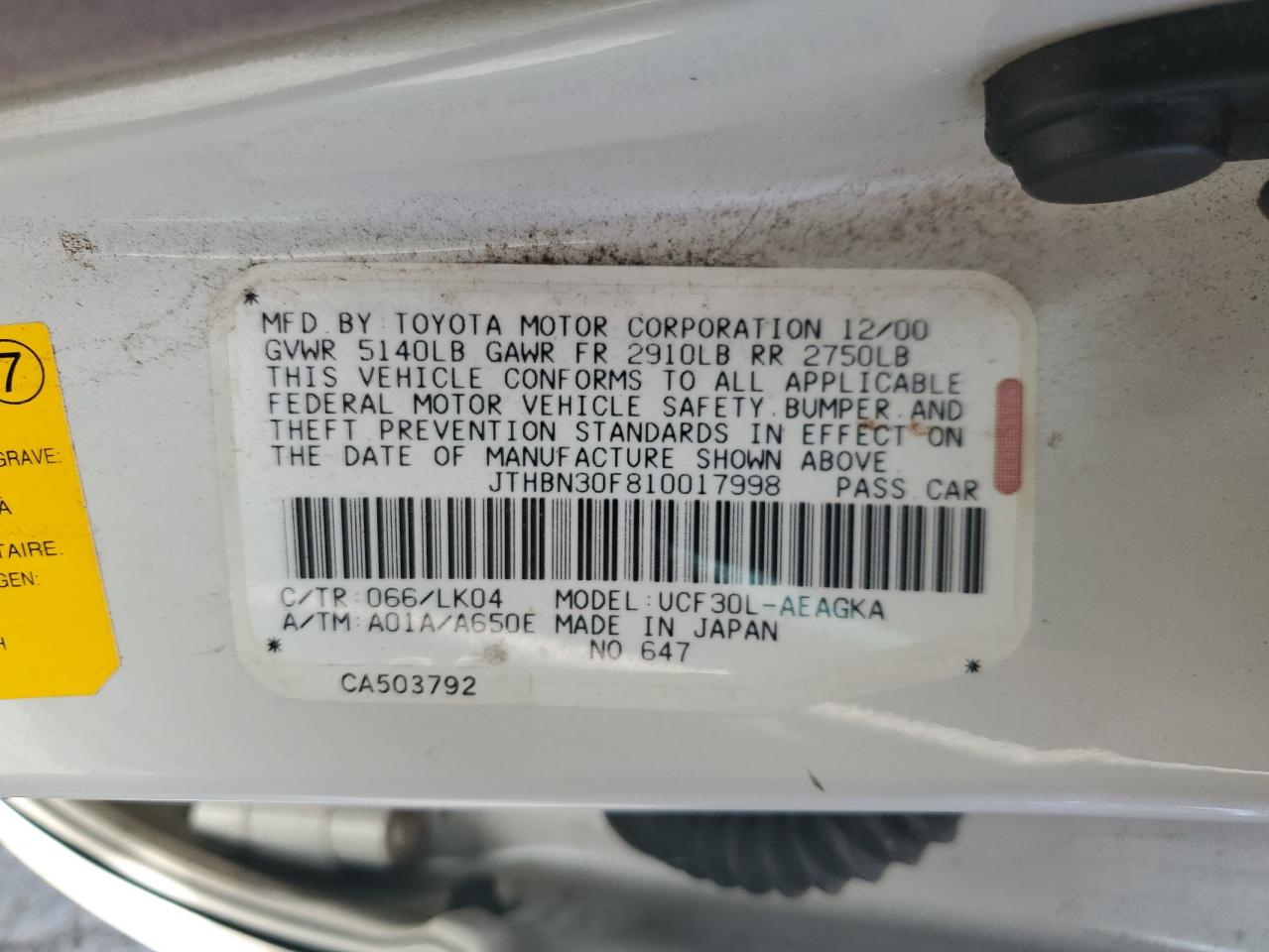 2001 Lexus Ls 430 VIN: JTHBN30F810017998 Lot: 69833265