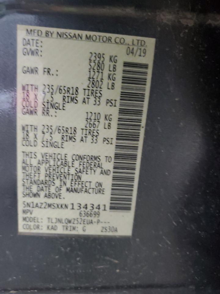 2019 Nissan Murano S VIN: 5N1AZ2MSXKN134341 Lot: 67627785