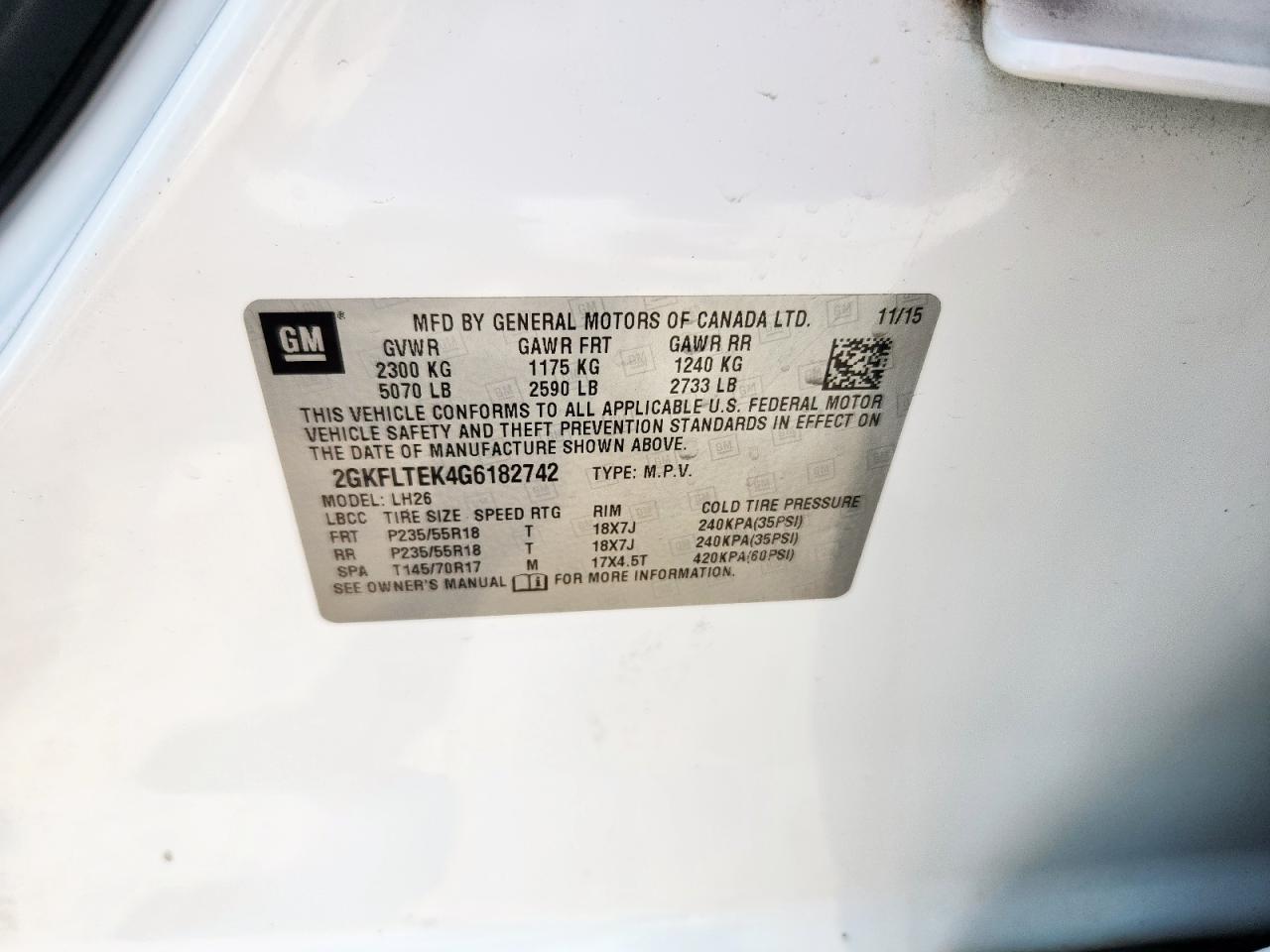 2016 GMC Terrain Sle VIN: 2GKFLTEK4G6182742 Lot: 69282395