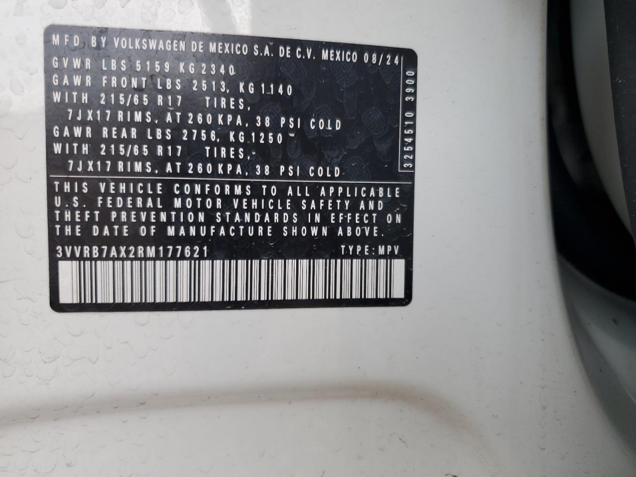 2024 Volkswagen Tiguan S VIN: 3VVRB7AX2RM177621 Lot: 68340505