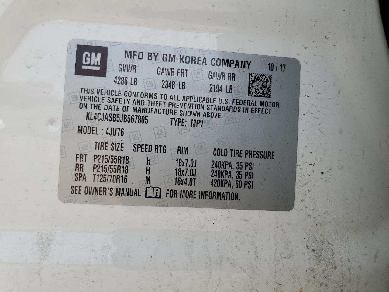 2018 Buick Encore Preferred VIN: KL4CJASB5JB567805 Lot: 69229065