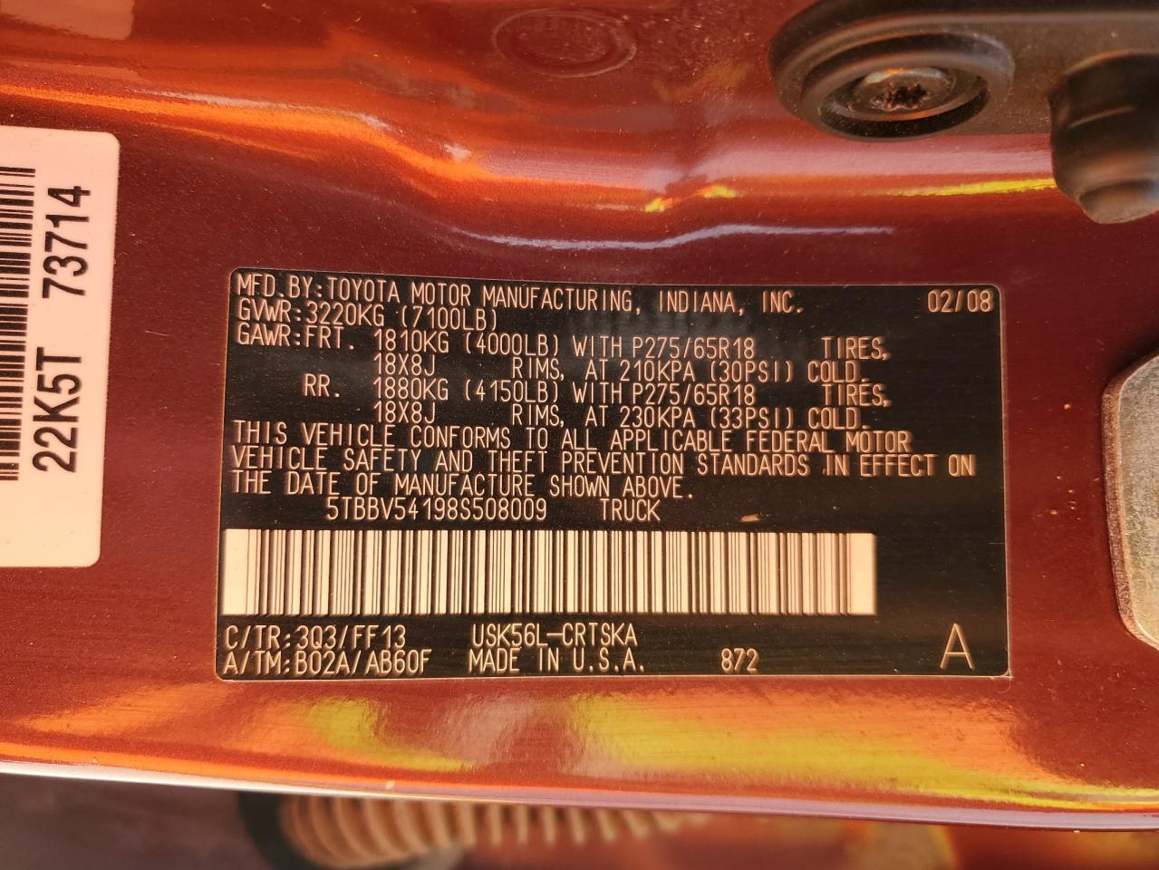 2008 Toyota Tundra Double Cab VIN: 5TBBV54198S508009 Lot: 70419775