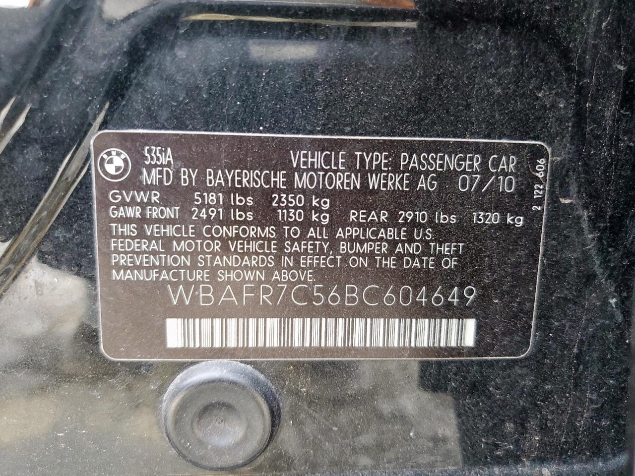 2011 BMW 535 I VIN: WBAFR7C56BC604649 Lot: 70568655