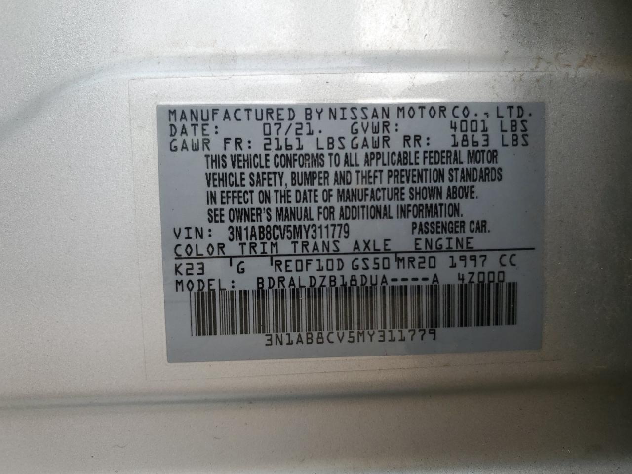 2021 Nissan Sentra Sv VIN: 3N1AB8CV5MY311779 Lot: 67583285