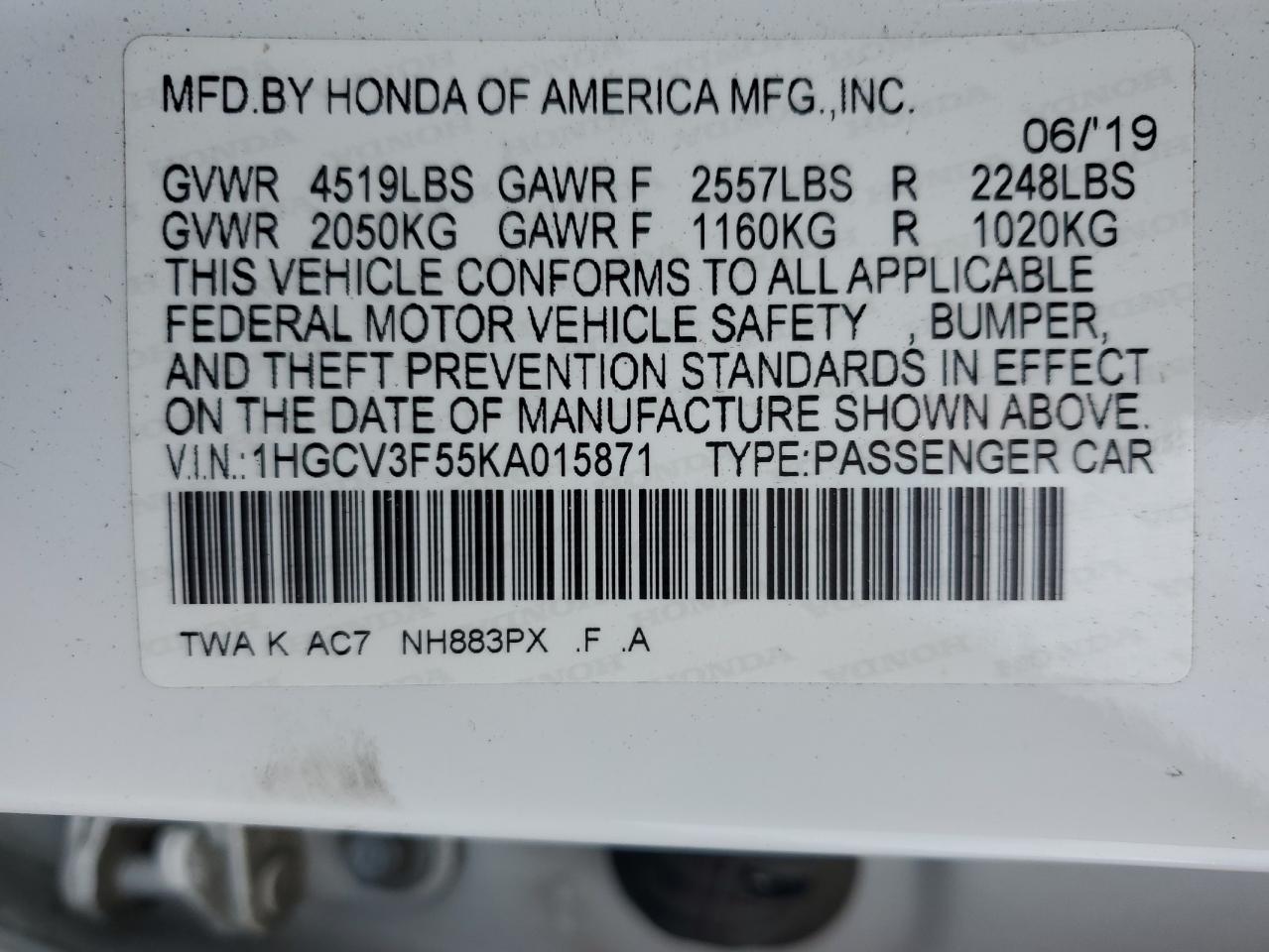 2019 Honda Accord Hybrid Exl VIN: 1HGCV3F55KA015871 Lot: 69446105