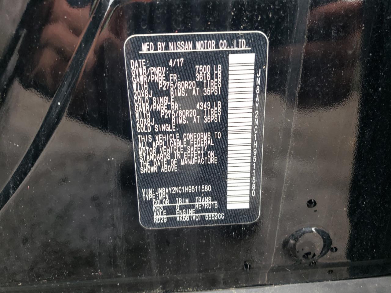 2017 Nissan Armada Sv VIN: JN8AY2NC1H9511580 Lot: 68092665