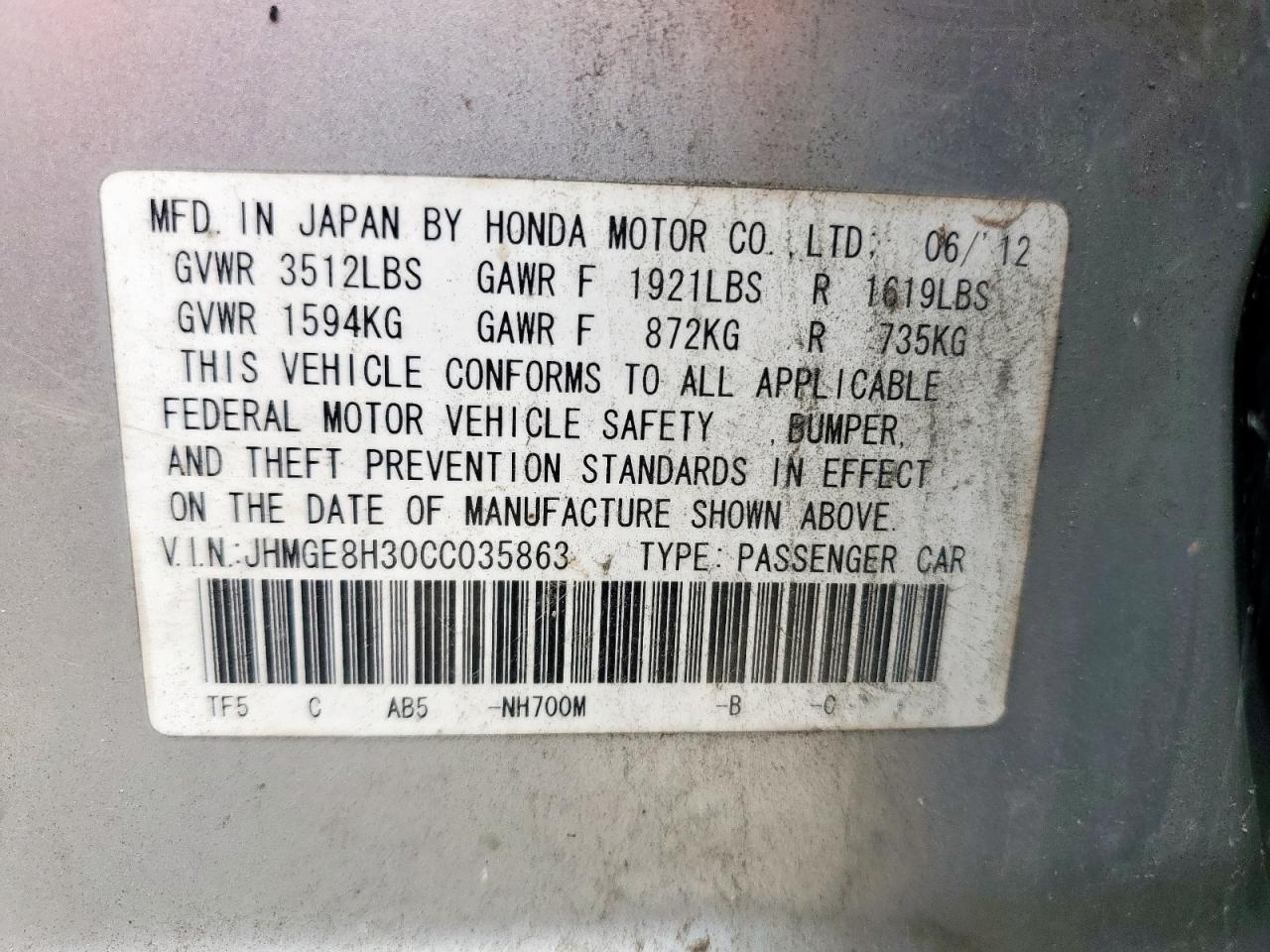 2012 Honda Fit VIN: JHMGE8H30CC035863 Lot: 67407035