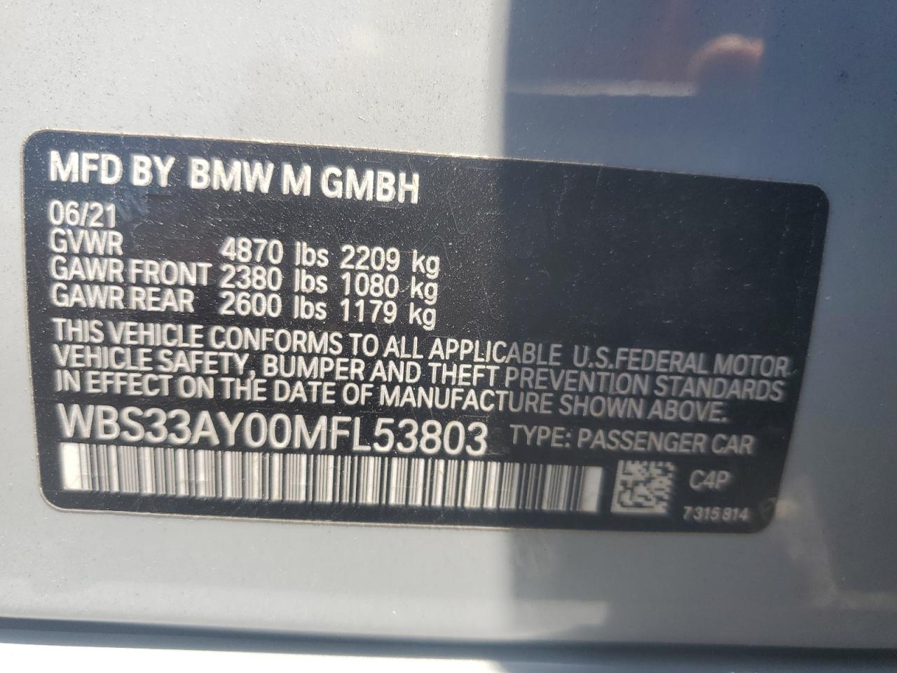 2021 BMW M3 Competition VIN: WBS33AY00MFL53803 Lot: 69052985