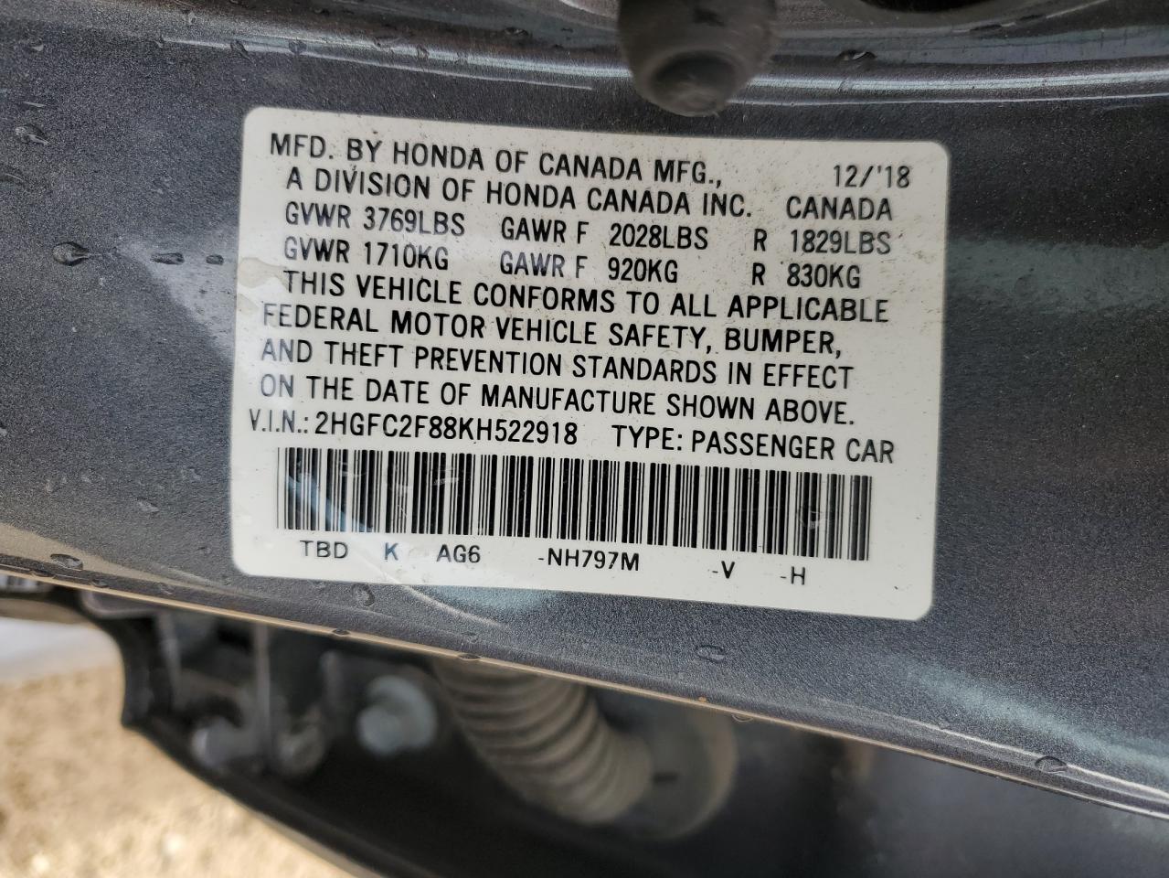 2019 Honda Civic Sport VIN: 2HGFC2F88KH522918 Lot: 70141745