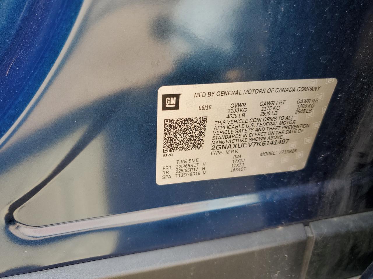 2019 Chevrolet Equinox Lt VIN: 2GNAXUEV7K6141497 Lot: 68477465