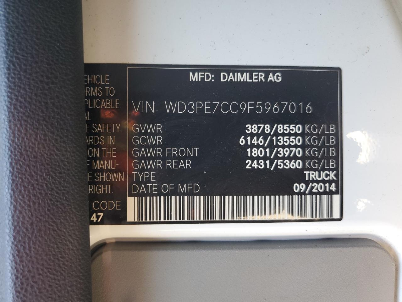 2015 Mercedes-Benz Sprinter 2500 VIN: WD3PE7CC9F5967016 Lot: 70282405