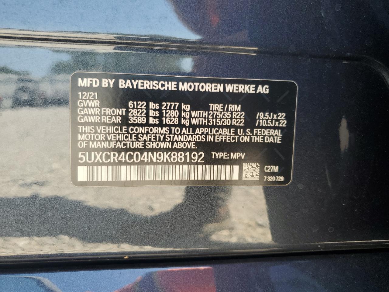 2022 BMW X5 Sdrive 40I VIN: 5UXCR4C04N9K88192 Lot: 70270705