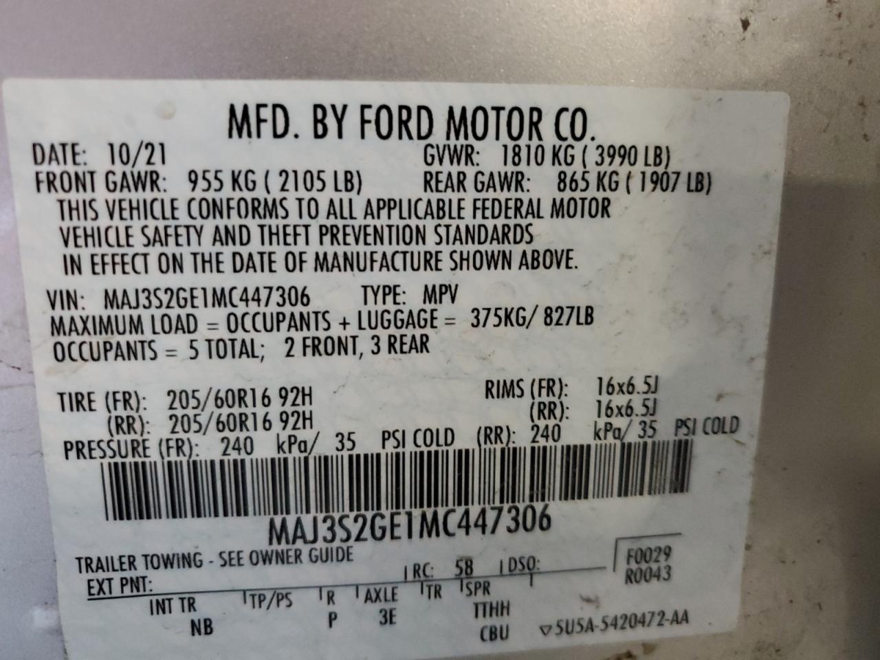 2021 Ford Ecosport Se VIN: MAJ3S2GE1MC447306 Lot: 69109925