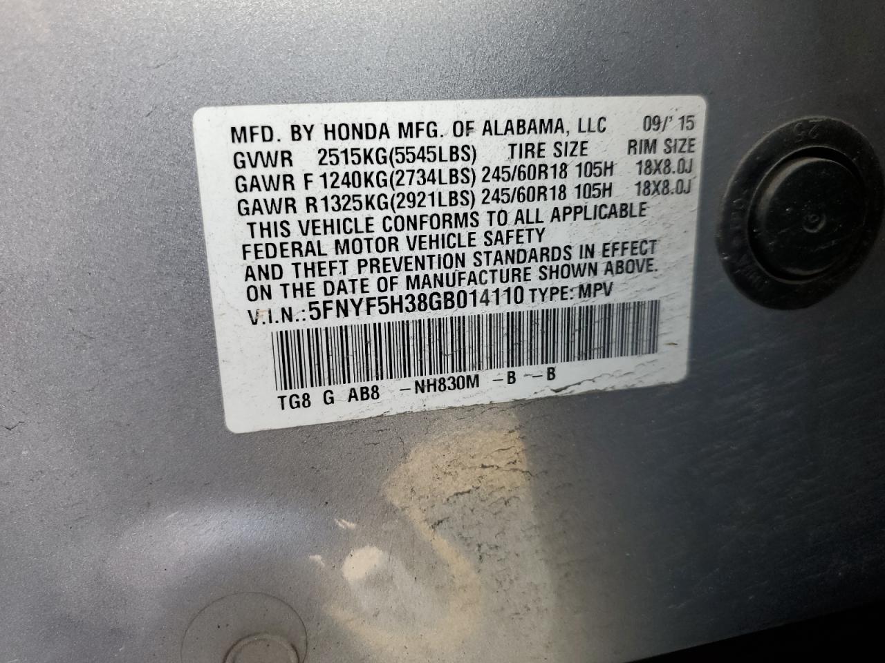 2016 Honda Pilot Ex VIN: 5FNYF5H38GB014110 Lot: 67493695