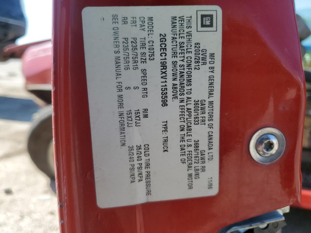 1997 Chevrolet Gmt-400 C1500 VIN: 2GCEC19RXV1153596 Lot: 66644145