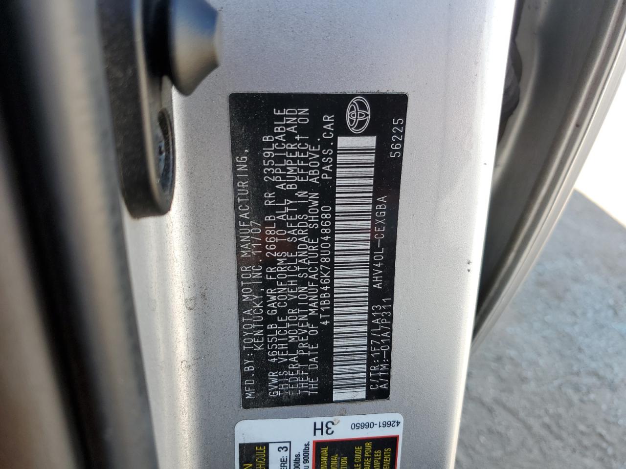 2008 Toyota Camry Hybrid VIN: 4T1BB46K78U048680 Lot: 69887175