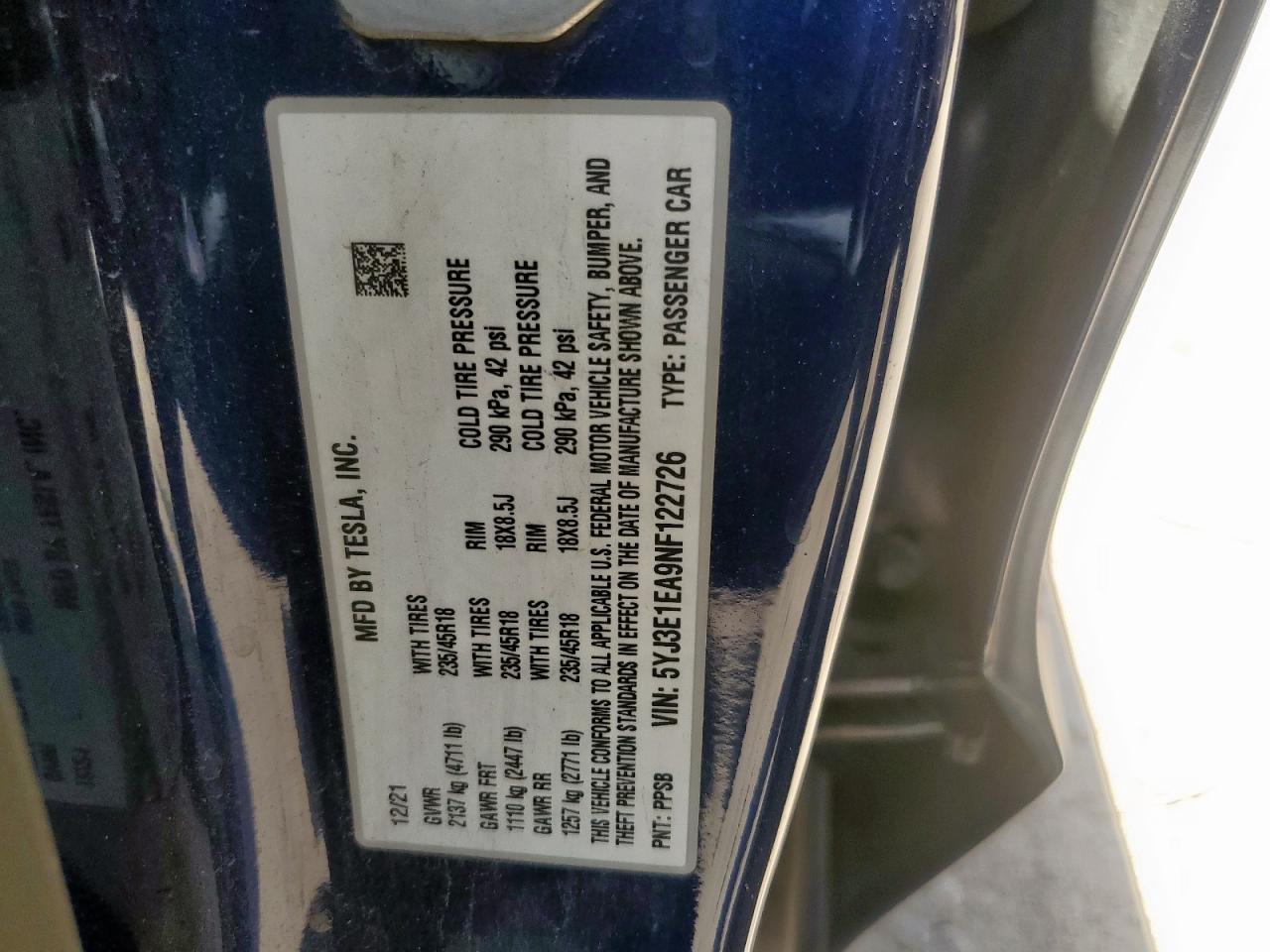 2022 Tesla Model 3 VIN: 5YJ3E1EA9NF122726 Lot: 67757695