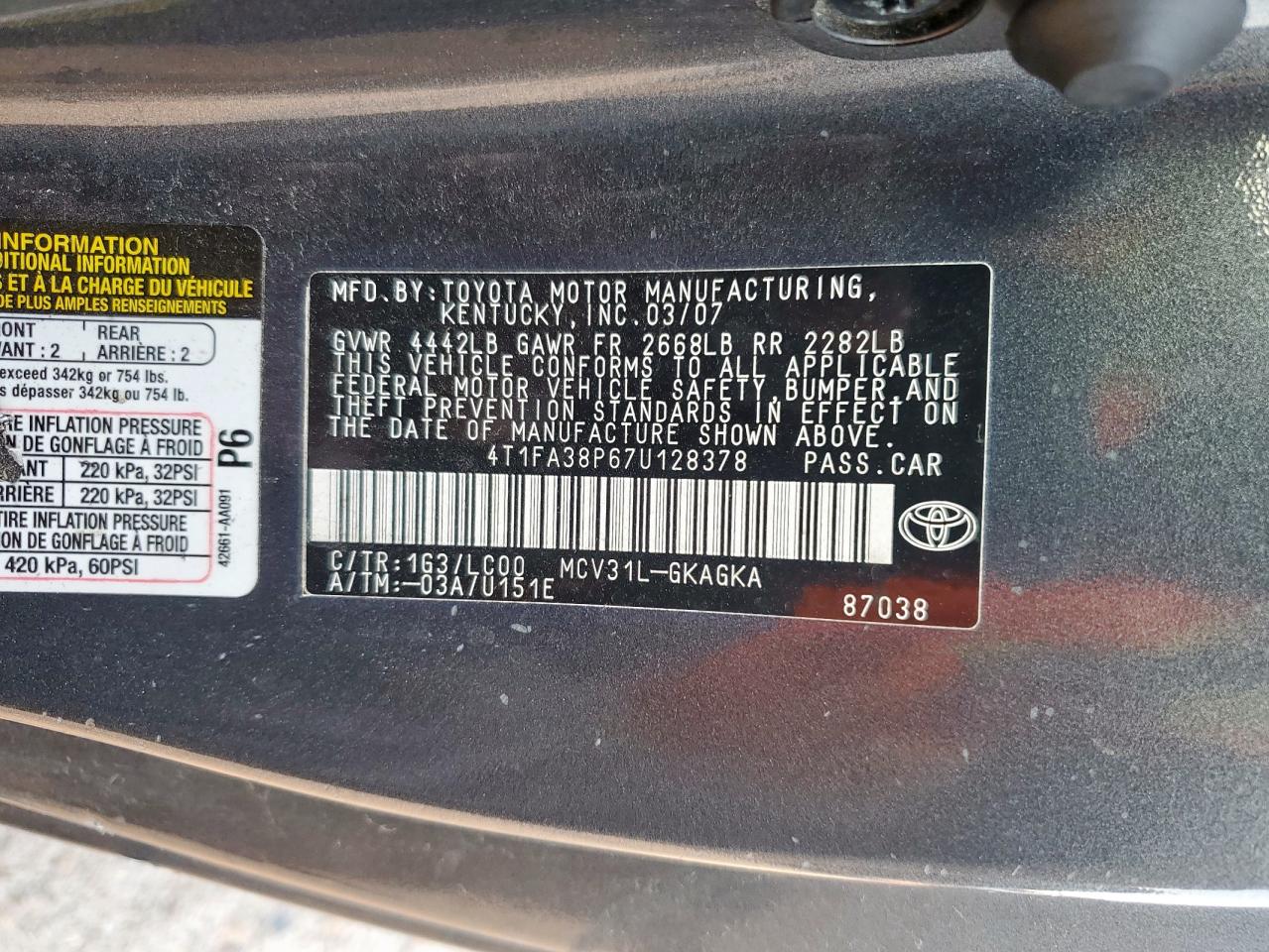 2007 Toyota Camry Solara Se VIN: 4T1FA38P67U128378 Lot: 69288235