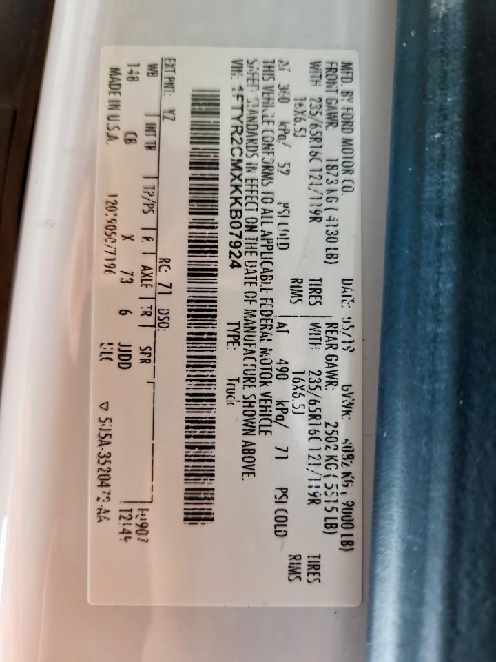 2019 Ford Transit T-250 VIN: 1FTYR2CMXKKB07924 Lot: 70838795