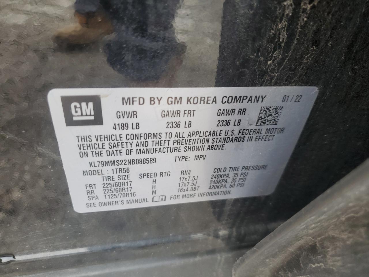 2022 Chevrolet Trailblazer Ls VIN: KL79MMS22NB088589 Lot: 68916885