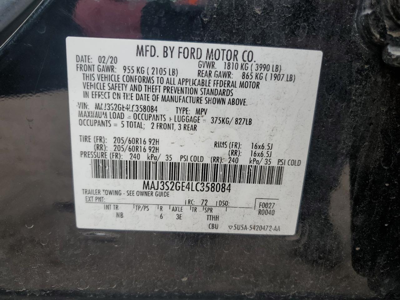 2020 Ford Ecosport Se VIN: MAJ3S2GE4LC358084 Lot: 70669225
