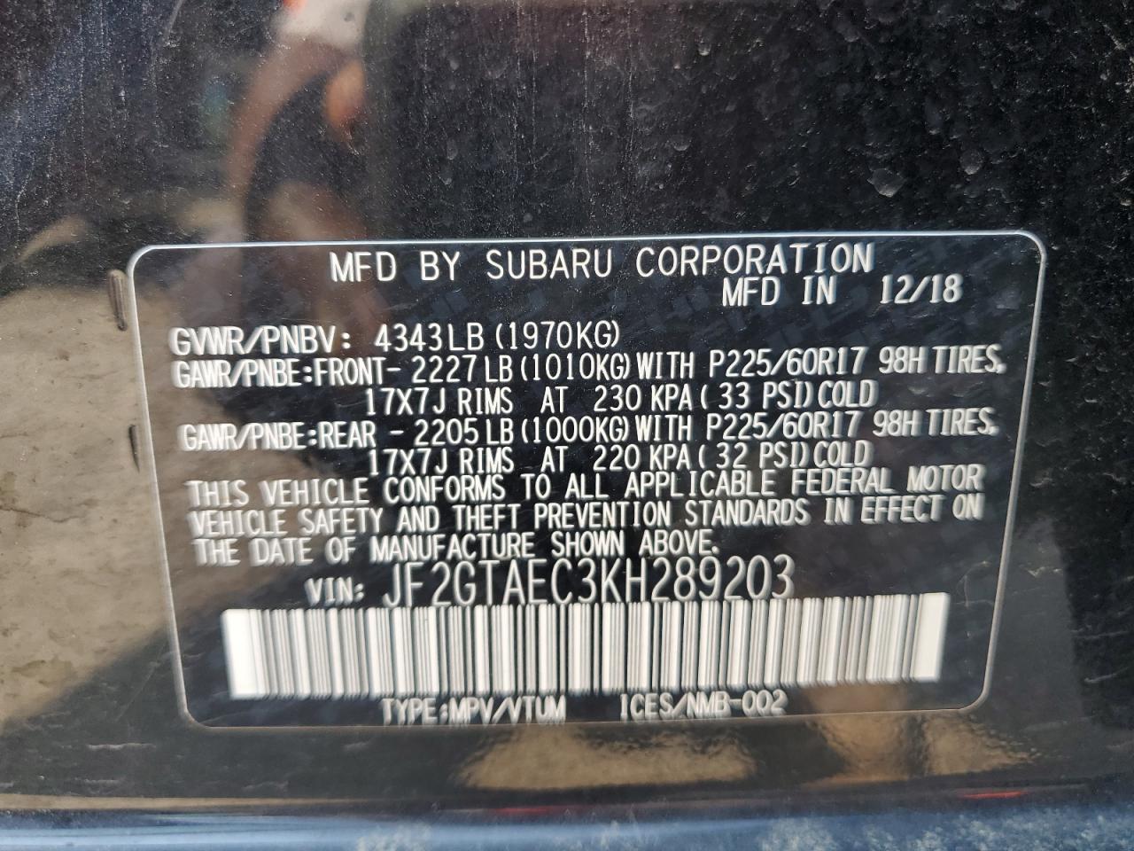 2019 Subaru Crosstrek Premium VIN: JF2GTAEC3KH289203 Lot: 65905185