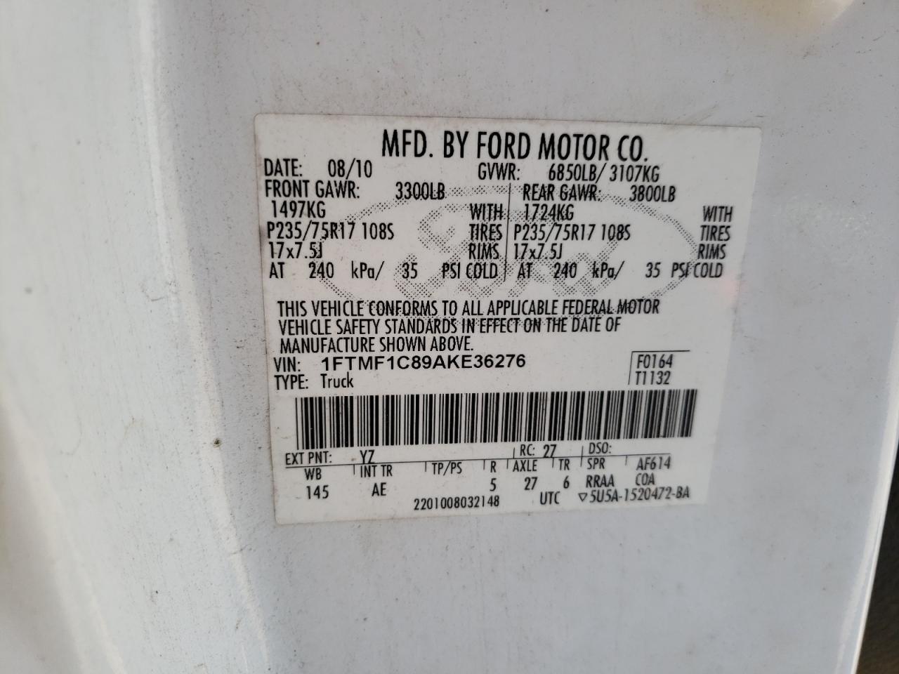 2010 Ford F150 VIN: 1FTMF1C89AKE36276 Lot: 67572345
