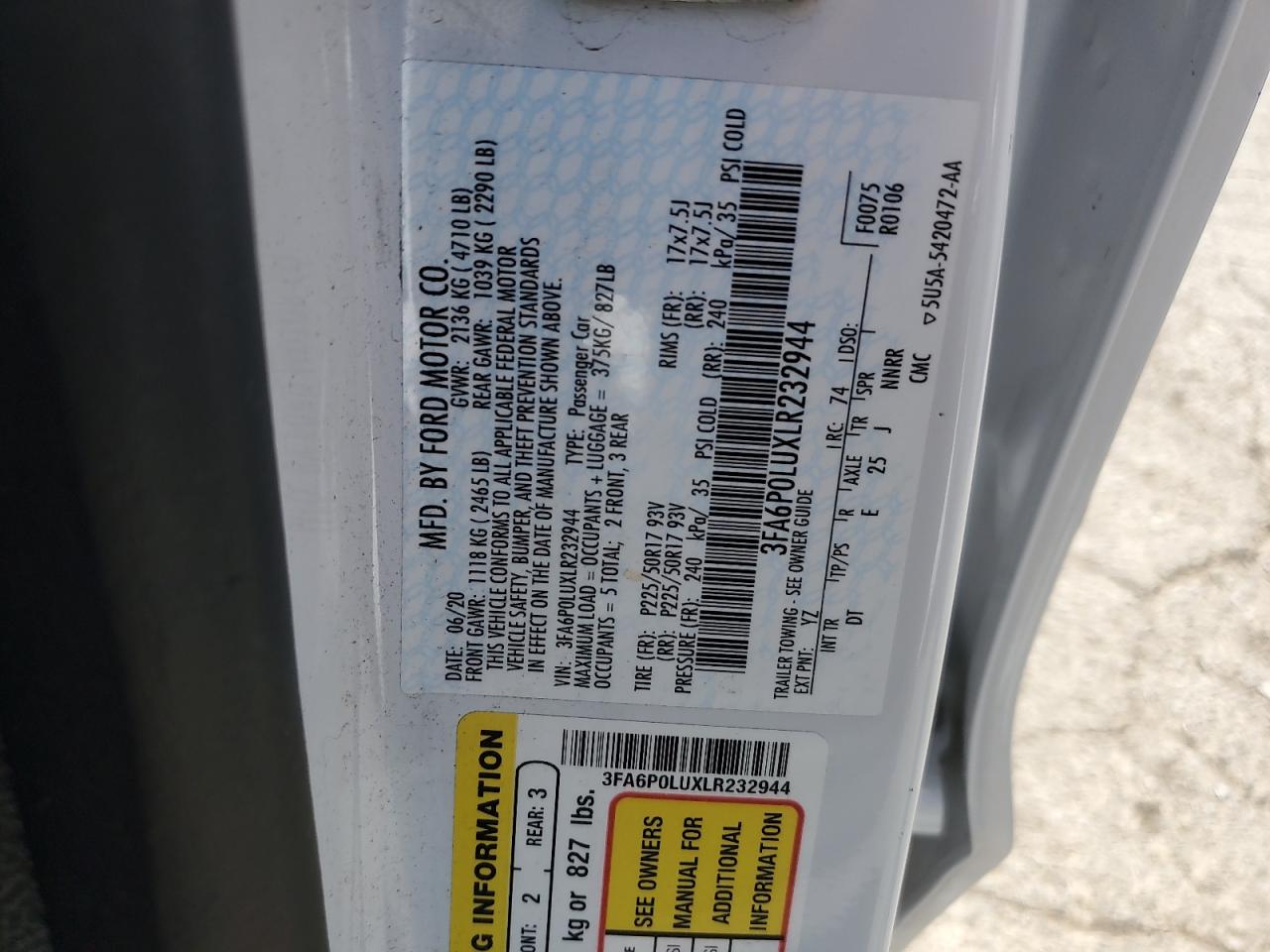 2020 Ford Fusion Se VIN: 3FA6P0LUXLR232944 Lot: 66993695