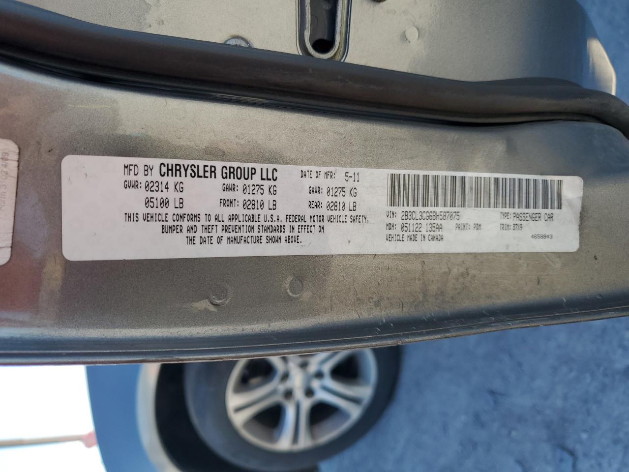 2011 Dodge Charger VIN: 2B3CL3CG6BH587075 Lot: 69775225