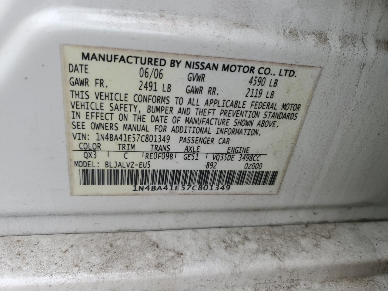 2007 Nissan Maxima Se VIN: 1N4BA41E57C801349 Lot: 91054235