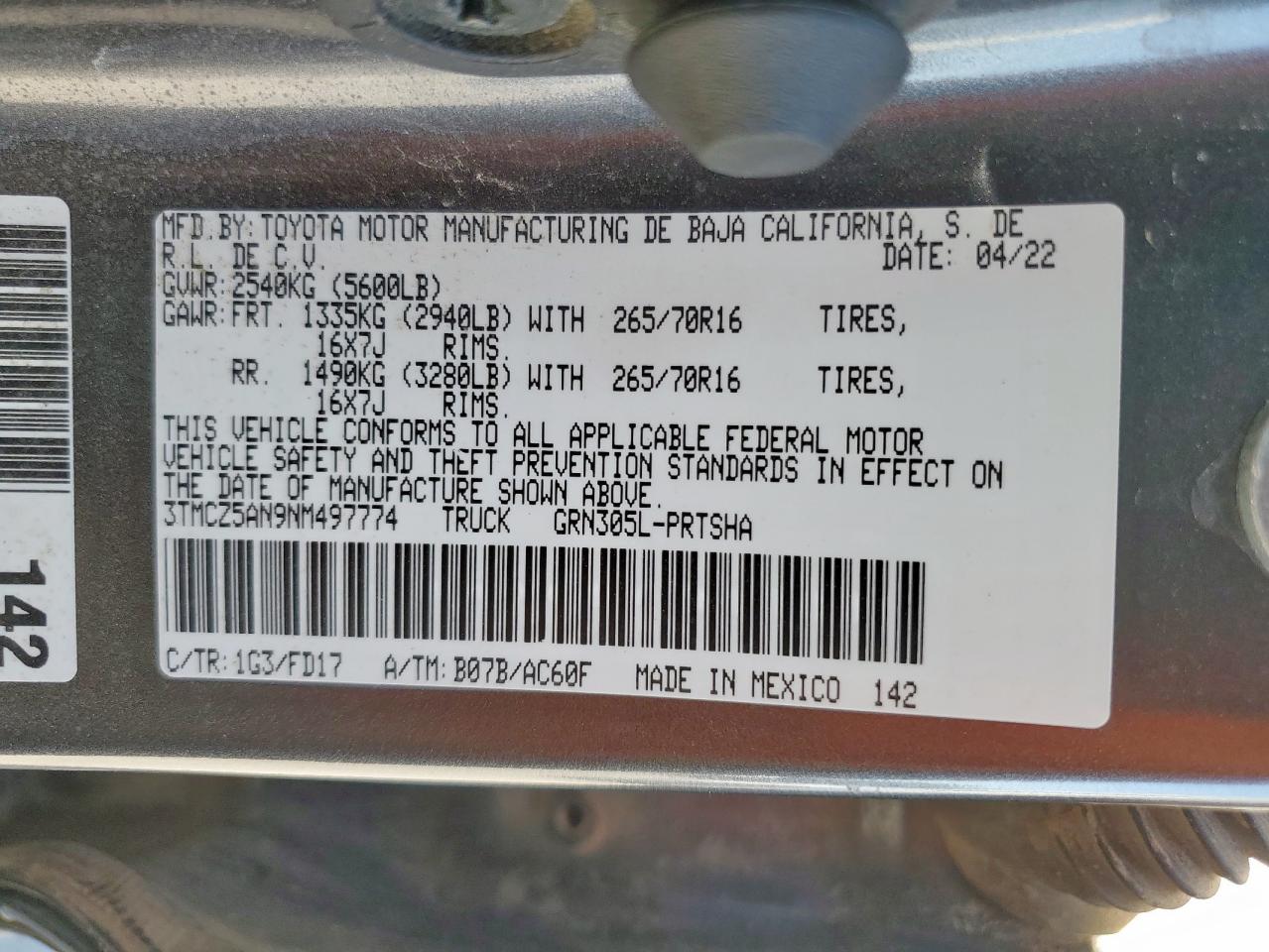 2022 Toyota Tacoma Double Cab VIN: 3TMCZ5AN9NM497774 Lot: 67623515