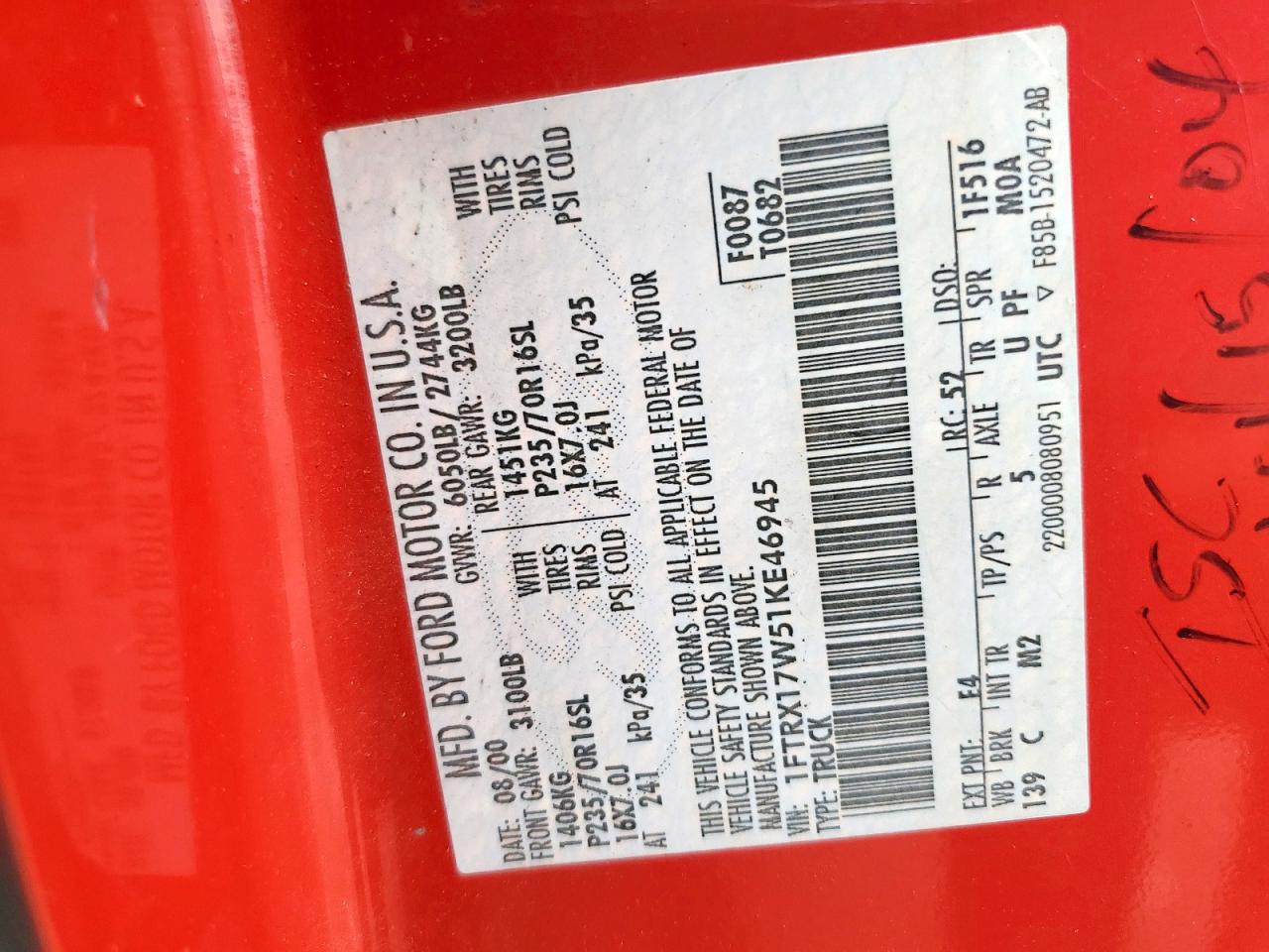 2001 Ford F150 VIN: 1FTRX17W51KE46945 Lot: 64965745