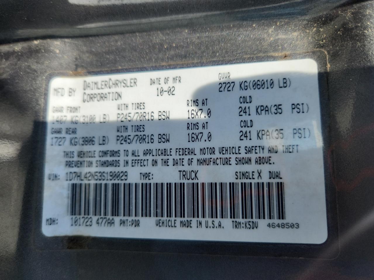 2003 Dodge Dakota Slt VIN: 1D7HL42N53S190029 Lot: 67090505