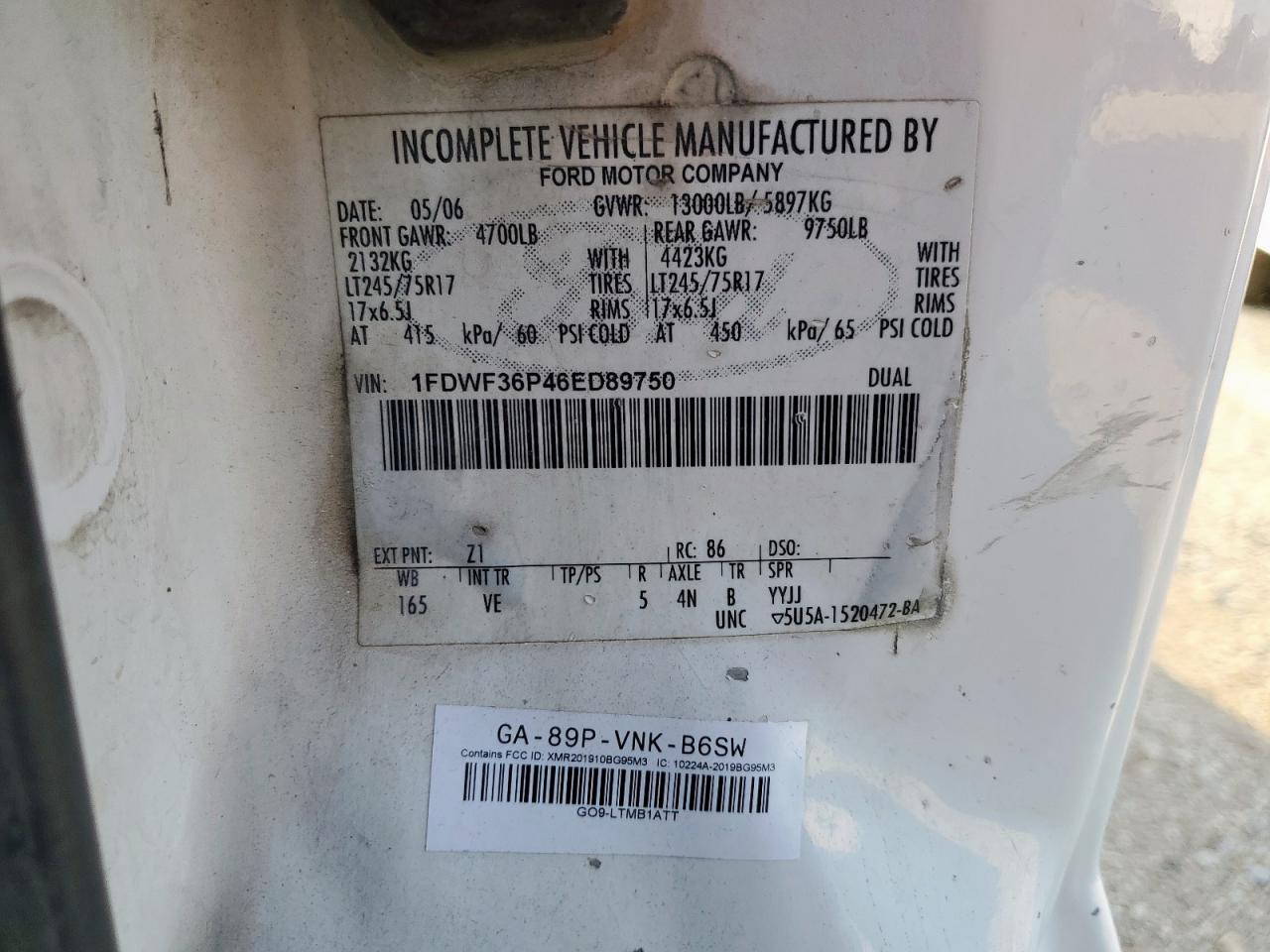 2006 Ford F350 Super Duty VIN: 1FDWF36P46ED89750 Lot: 68353915