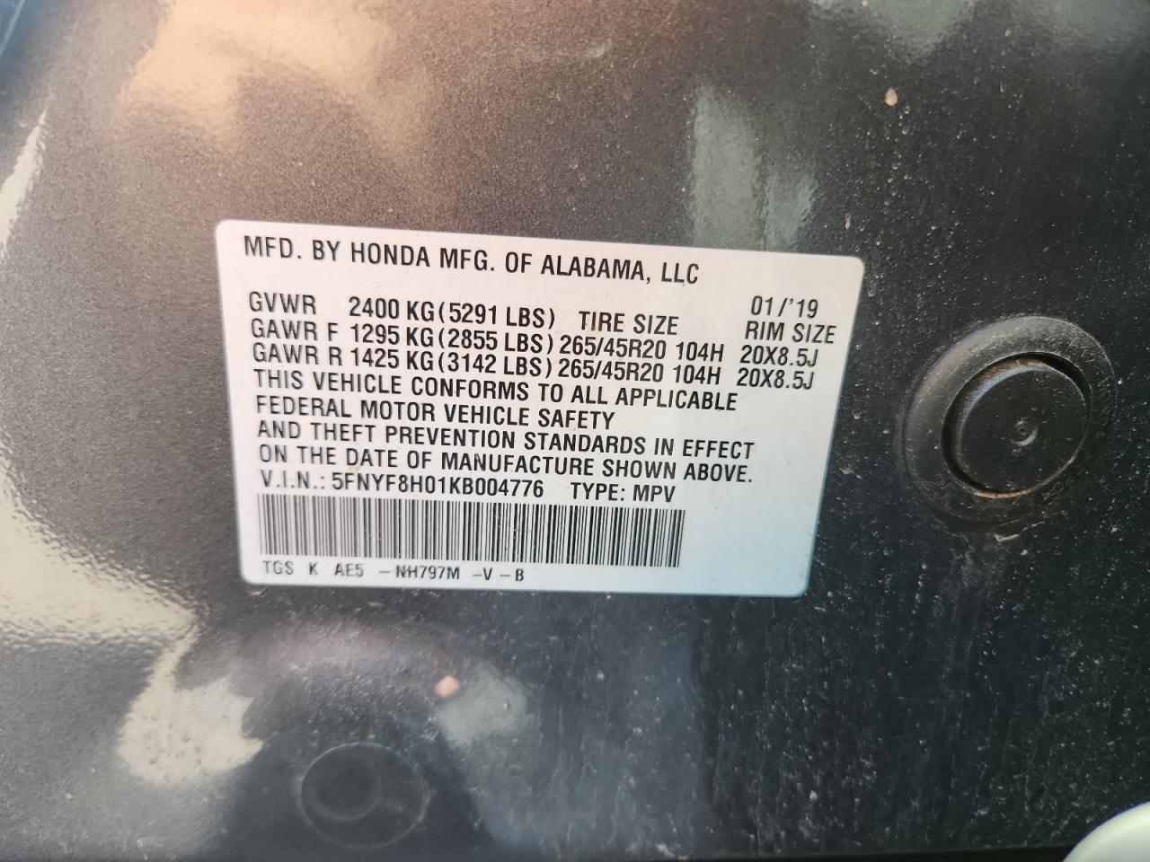 2019 Honda Passport Elite VIN: 5FNYF8H01KB004776 Lot: 69802135