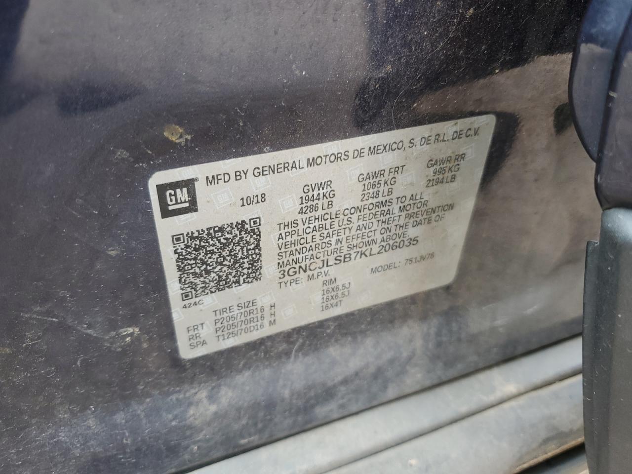 2019 Chevrolet Trax 1Lt VIN: 3GNCJLSB7KL206035 Lot: 70564025