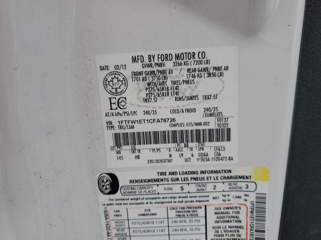 2012 Ford F150 Supercrew VIN: 1FTFW1ET1CFA78726 Lot: 69485775