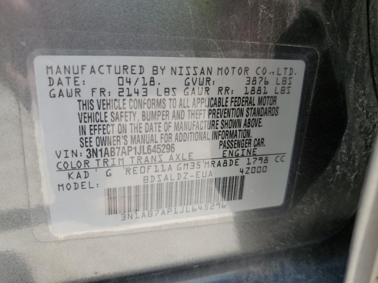 2018 Nissan Sentra S VIN: 3N1AB7AP1JL645296 Lot: 69104005