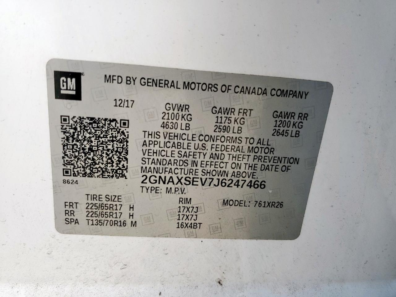 2018 Chevrolet Equinox Lt VIN: 2GNAXSEV7J6247466 Lot: 69020055