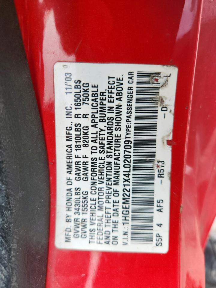 2004 Honda Civic Dx Vp VIN: 1HGEM221X4L020709 Lot: 70706195