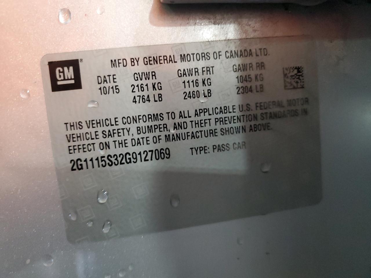 2016 Chevrolet Impala Lt VIN: 2G1115S32G9127069 Lot: 70531515