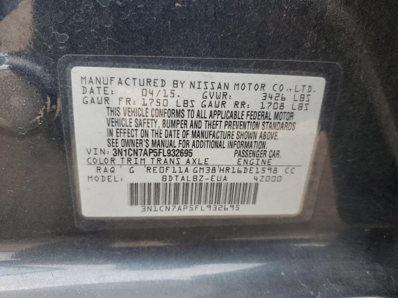 2015 Nissan Versa S VIN: 3N1CN7AP5FL932695 Lot: 70930255