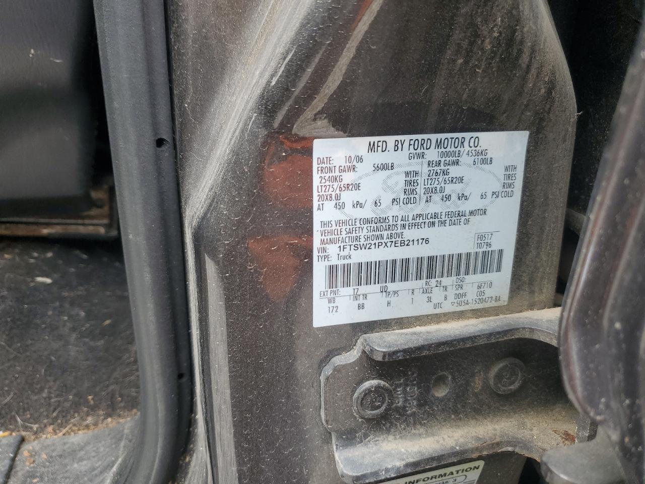 2007 Ford F250 Super Duty VIN: 1FTSW21PX7EB21176 Lot: 69390165