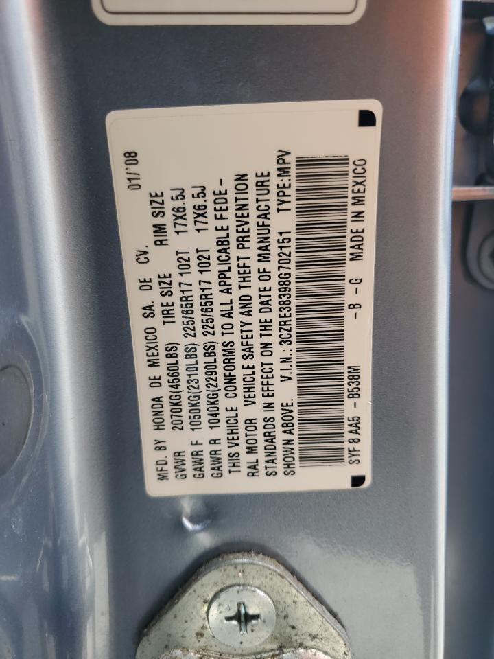 2008 Honda Cr-V Lx VIN: 3CZRE38398G702151 Lot: 67053945