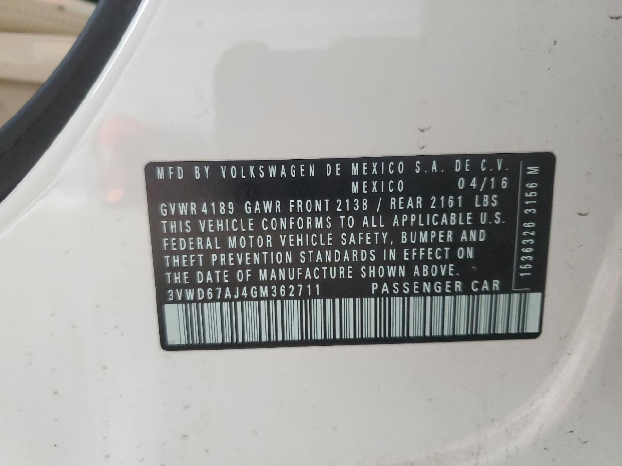 3VWD67AJ4GM362711 2016 Volkswagen Jetta Se