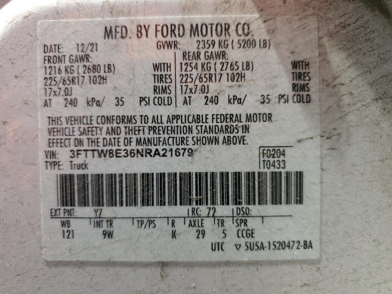 2022 Ford Maverick Xl VIN: 3FTTW8E36NRA21679 Lot: 67637795