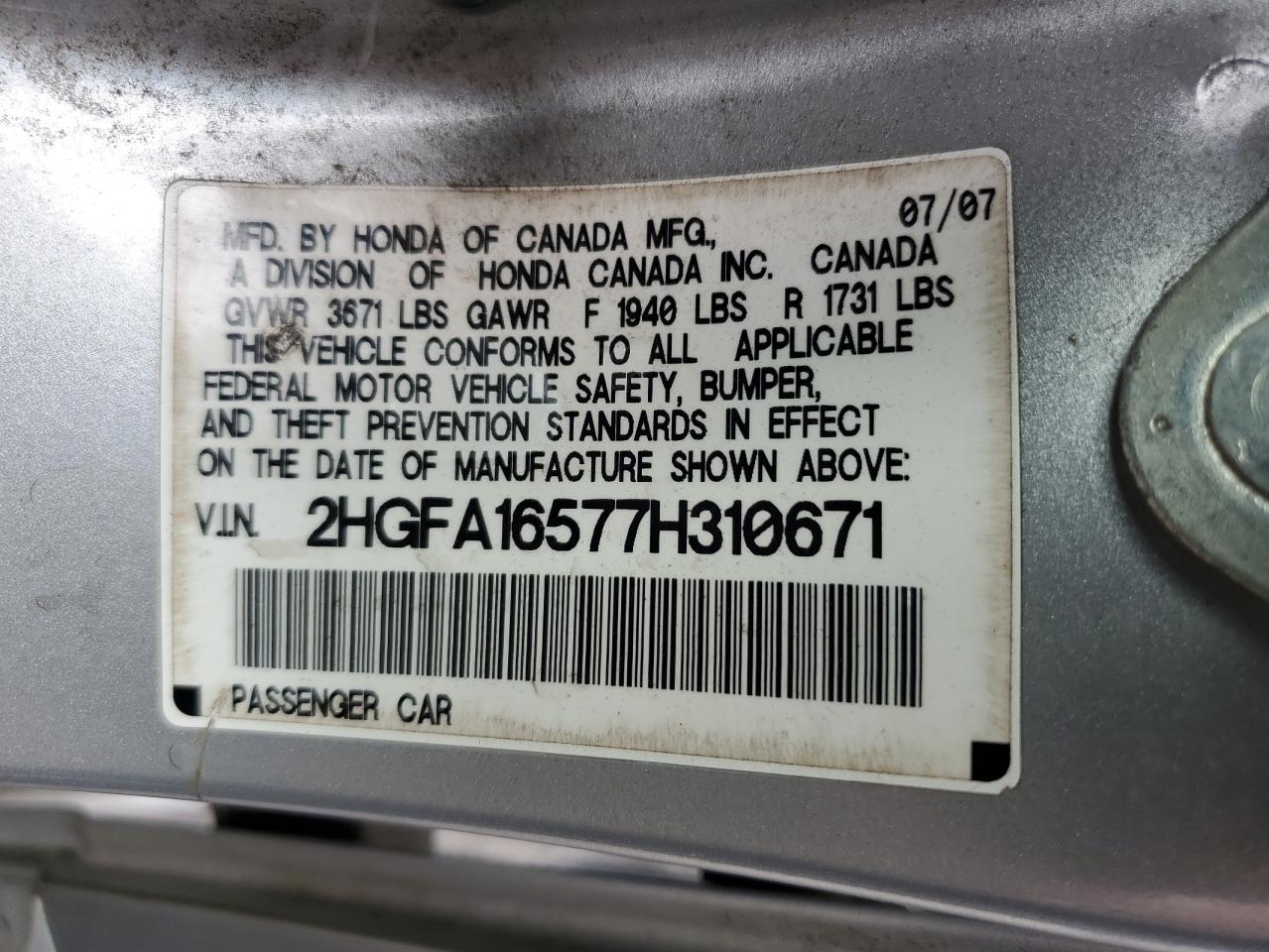 2007 Honda Civic Lx VIN: 2HGFA16577H310671 Lot: 67765015