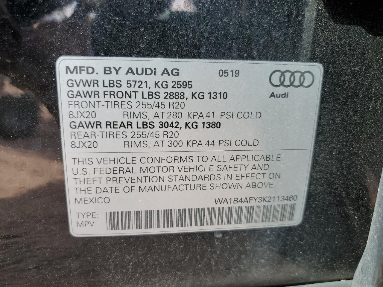 2019 Audi Sq5 Premium Plus VIN: WA1B4AFY3K2113460 Lot: 68026295