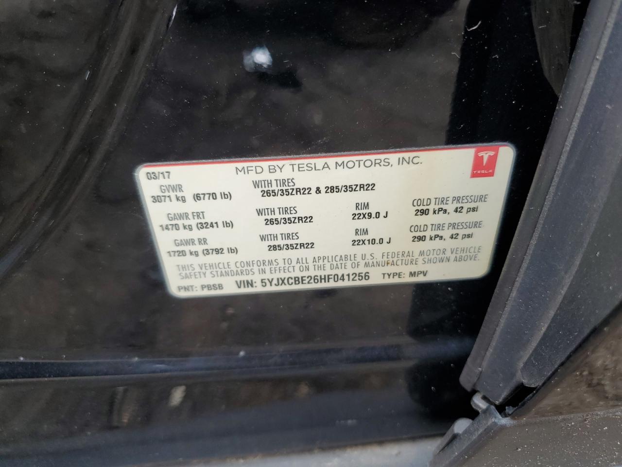 2017 Tesla Model X VIN: 5YJXCBE26HF041256 Lot: 70309295
