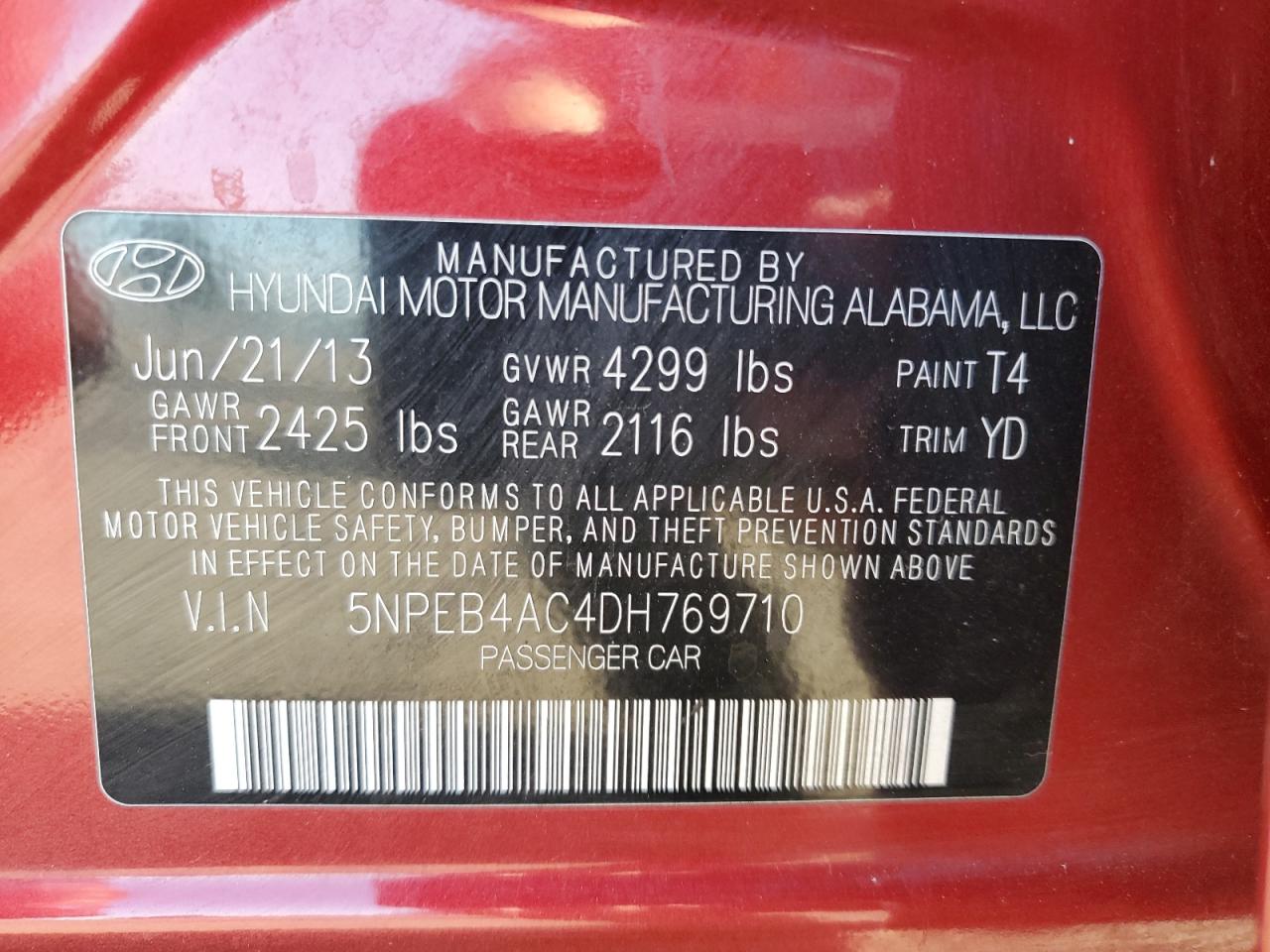 2013 Hyundai Sonata Gls VIN: 5NPEB4AC4DH769710 Lot: 70503555